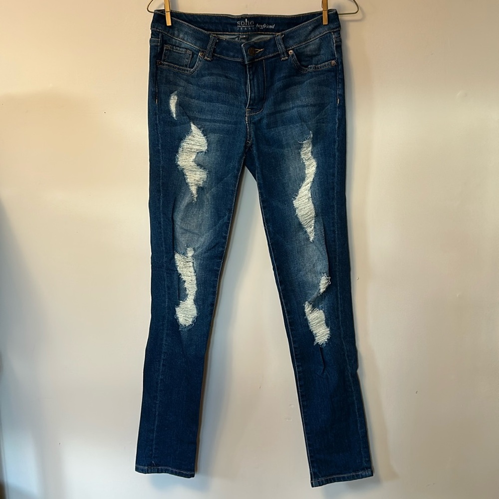 Soho navy jeans boyfriend stressed/frayed look stretch fit size 0 vg condition